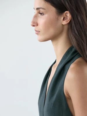 Sukienka Średniej Długości Z Lnu Z Dekoltem W Serek - Ciemnoniebieski - - Massimo Dutti - Kobieta