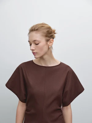 Zdjęcie produktu Sukienka Średniej Długości Z Mieszanki Lnu Z Marszczeniem - Czekoladowy - - Massimo Dutti - Kobieta
