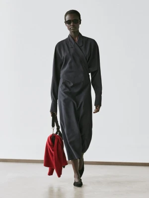 Sukienka Średniej Długości Z Ozdobnym Drapowaniem - Ołowiany - - Massimo Dutti - Kobieta