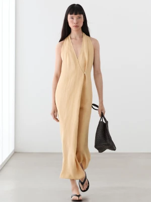 Sukienka Średniej Długości Z Ozdobnym Guzikiem - Jasnożółty - - Massimo Dutti - Kobieta