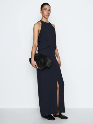 Sukienka Średniej Długości Z Plisami - Granatowy - - Massimo Dutti - Kobieta