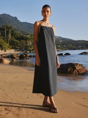 Sukienka Średniej Długości Z Popeliny Na Ramiączkach - Granatowy - - Massimo Dutti - Kobieta