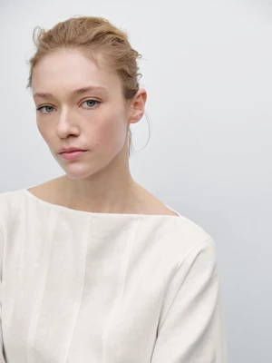 Sukienka Średniej Długości Z Przeszyciami Ze 100% Lnu - Biały - - Massimo Dutti - Kobieta