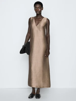 Sukienka Średniej Długości Z Szerokimi Ramiączkami - Studio - Popielaty - Massimo Dutti - Female