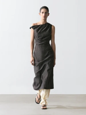 Sukienka Średniej Długości Z Zakładką Na Ramieniu - Ciemnoszary - - Massimo Dutti - Kobieta