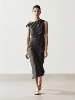 Sukienka Średniej Długości Z Zakładką Na Ramieniu - Ciemnoszary - - Massimo Dutti - Kobieta