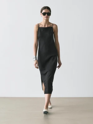 Sukienka Średniej Długości Ze 100% Lnu - Czarny - - Massimo Dutti - Kobieta