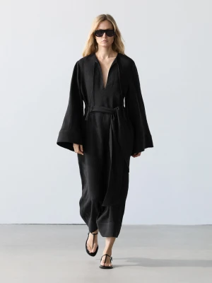 Sukienka Średniej Długości Ze 100% Lnu Z Ozdobnym Wiązaniem - Czarny - - Massimo Dutti - Kobieta