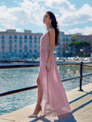 Choix sukienka szyfonowa pudrowy róż elegancka długa Roco