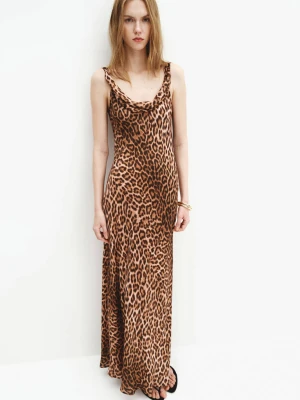 Sukienka w animal print z drapowanym dekoltem beżowy - Kobieta - - MANGO