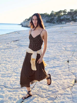 Sukienka w groszki z marszczonym dekoltem czekoladowy - Kobieta - - MANGO