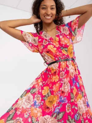 Sukienka w kolorowe kwiaty z cienkim paskiem - różowa Italy Moda