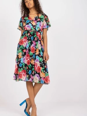Sukienka w kolorowe kwiaty z krótkim rękawem - czarna Italy Moda
