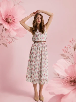 Sukienka w kwiaty z paskiem biała Moodo