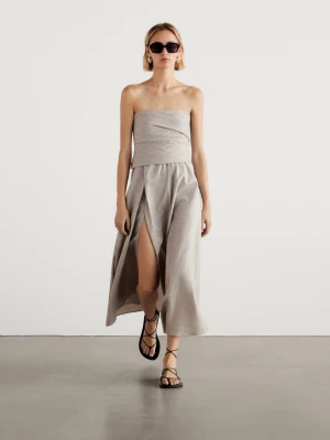 Plisowana Sukienka Średniej Długości W Paski - Surowy - - Massimo Dutti - Kobieta