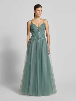 Sukienka wieczorowa o kroju regular fit z kwiatowym obszyciem ozdobnymi kamieniami luxuar