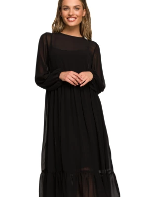 Sukienka wieczorowa szyfonowa rozkloszowana z falbanami czarna długa Stylove