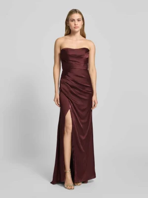 Sukienka wieczorowa z satyny z odkrytymi ramionami i rozcięciem luxuar