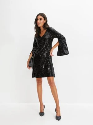 Sukienka z cekinami i rozkloszowanymi rękawami bonprix