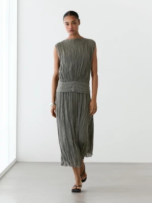 Sukienka Z Fakturowanej Tkaniny Z Paskiem - Szary - - Massimo Dutti - Kobieta