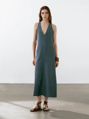 Sukienka Z Mieszanki Lnu Z Ozdobnym Elementem Z Tyłu - Zielony - - Massimo Dutti - Kobieta