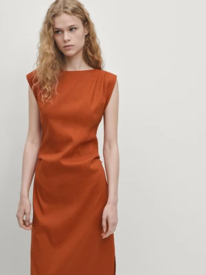 Sukienka Z Mieszanki Lnu Ze Stretchem Z Zakładkami - Pomarańczowy - - Massimo Dutti - Kobieta