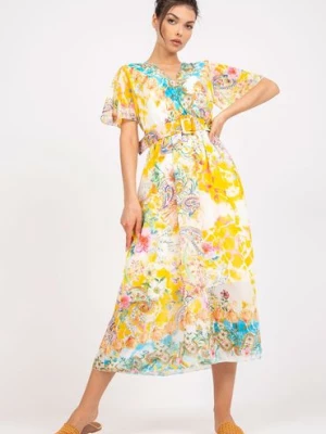 Sukienka z ozdobnym paskiem - żółta w kwiaty Italy Moda