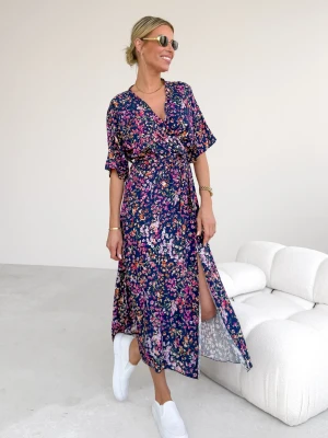 Sukienka z Wiskozy Granatowa w Kwiatki ClothStore