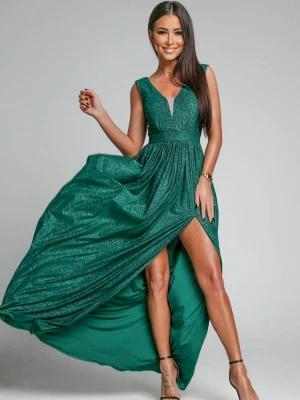 Sukienka zielona maxi brokatowa na grubych ramiączkach z rozcięciem na nodze Luxury PERFE