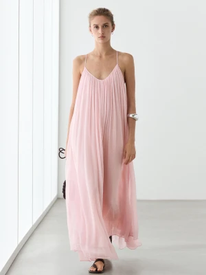 Sukienka Zwiewna Z Cienkimi Ramiączkami I Plisami - Blady Róż - Massimo Dutti - Female
