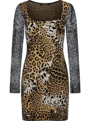 Suknia z nadrukiem jaguara z długimi rękawami i kwadratowym dekoltem Roberto Cavalli