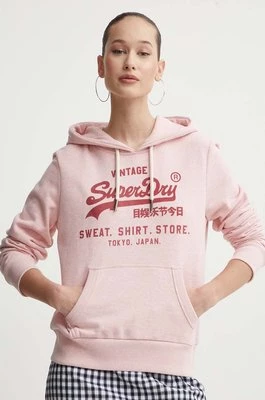 Superdry bluza damska kolor różowy z kapturem z nadrukiem
