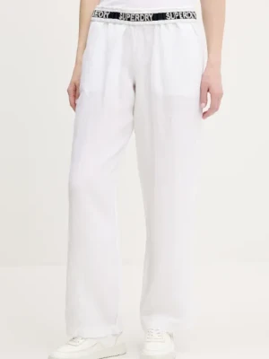 Superdry spodnie lniane damskie kolor beżowy szerokie high waist W7011182A-04C