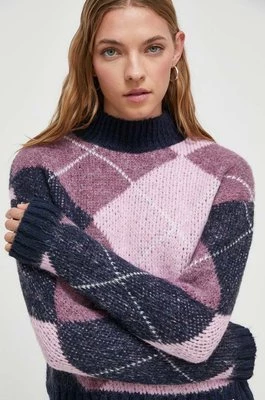 Superdry sweter damski kolor granatowy ciepły z półgolfem