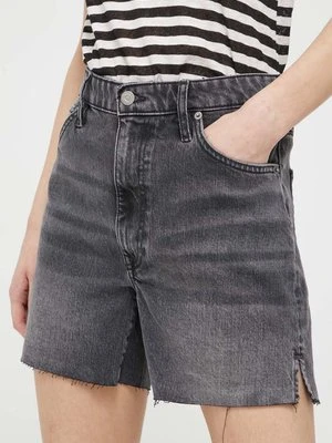 Superdry szorty jeansowe damskie kolor szary gładkie high waist