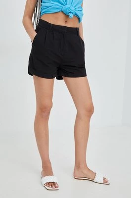 Superdry szorty lniane damskie kolor czarny gładkie high waist