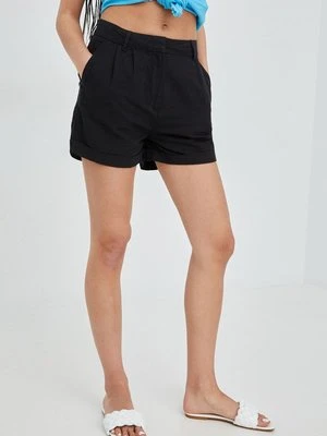 Superdry szorty lniane damskie kolor czarny gładkie high waist