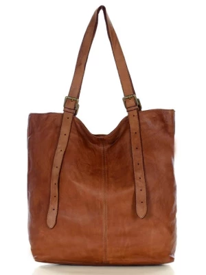 SUZANA - Włoska Torebka damska shopper z regulacją rączek skóra old pelle - brąz camel Mazzini