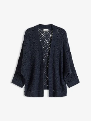 Sweter ażurowy bez zapięcia BonPrix niebieski