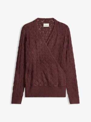 Sweter ażurowy w optyce kopertowego BonPrix fioletowy