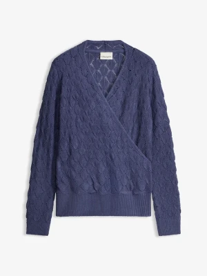 Sweter ażurowy w optyce kopertowego BonPrix niebieski