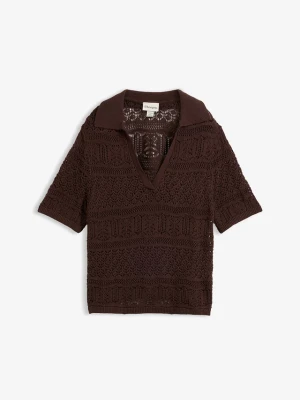 Sweter ażurowy z kołnierzykiem polo, z domieszką bawełny BonPrix brązowy