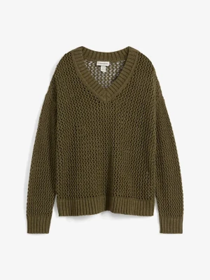 Sweter ażurowy z lekkiej mieszanki lnu BonPrix zielony