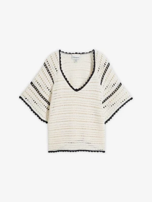 Sweter ażurowy z lnem BonPrix biały