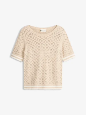 Sweter ażurowy z przędzy piórkowej BonPrix beżowy