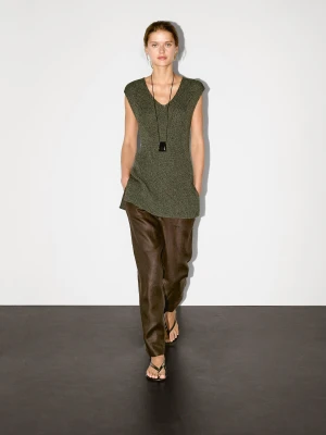 Sweter Bez Rękawów Z Dekoltem W Serek - Ziel Pop - - Massimo Dutti - Kobieta