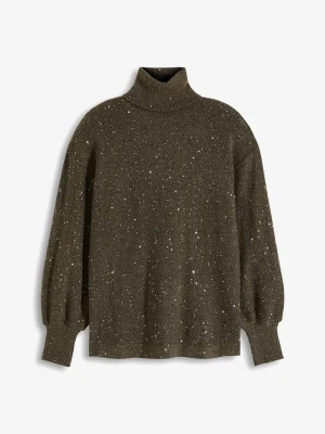 Sweter z golfem i cekinami BonPrix brązowy