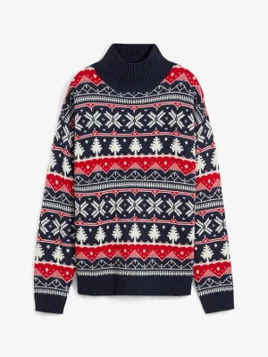 Sweter bożonarodzeniowy z golfem BonPrix niebieski