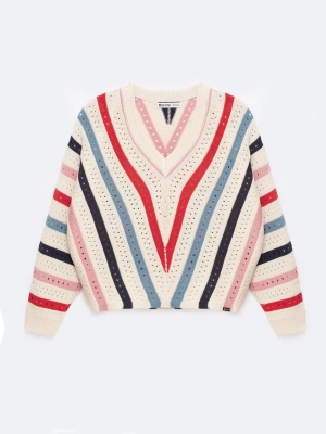 Sweter damski ażurowy w kolorowe paski kremowy Vika 102 BIG STAR