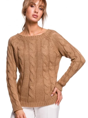Sweter damski ażurowy ze splotem typu warkocz beżowy Polskie swetry